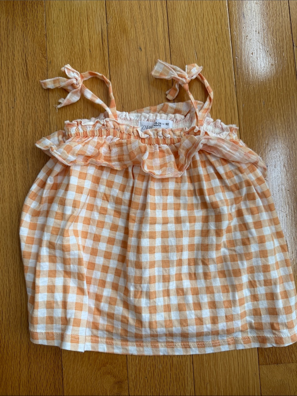 Zara Orange and White Gingham Tie-Shoulder Tank Top 18/24 months
